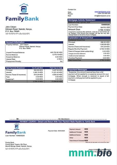 Kenia Bank Rodzinny wyciąg z kredytu hipotecznego szablon Word i PDF